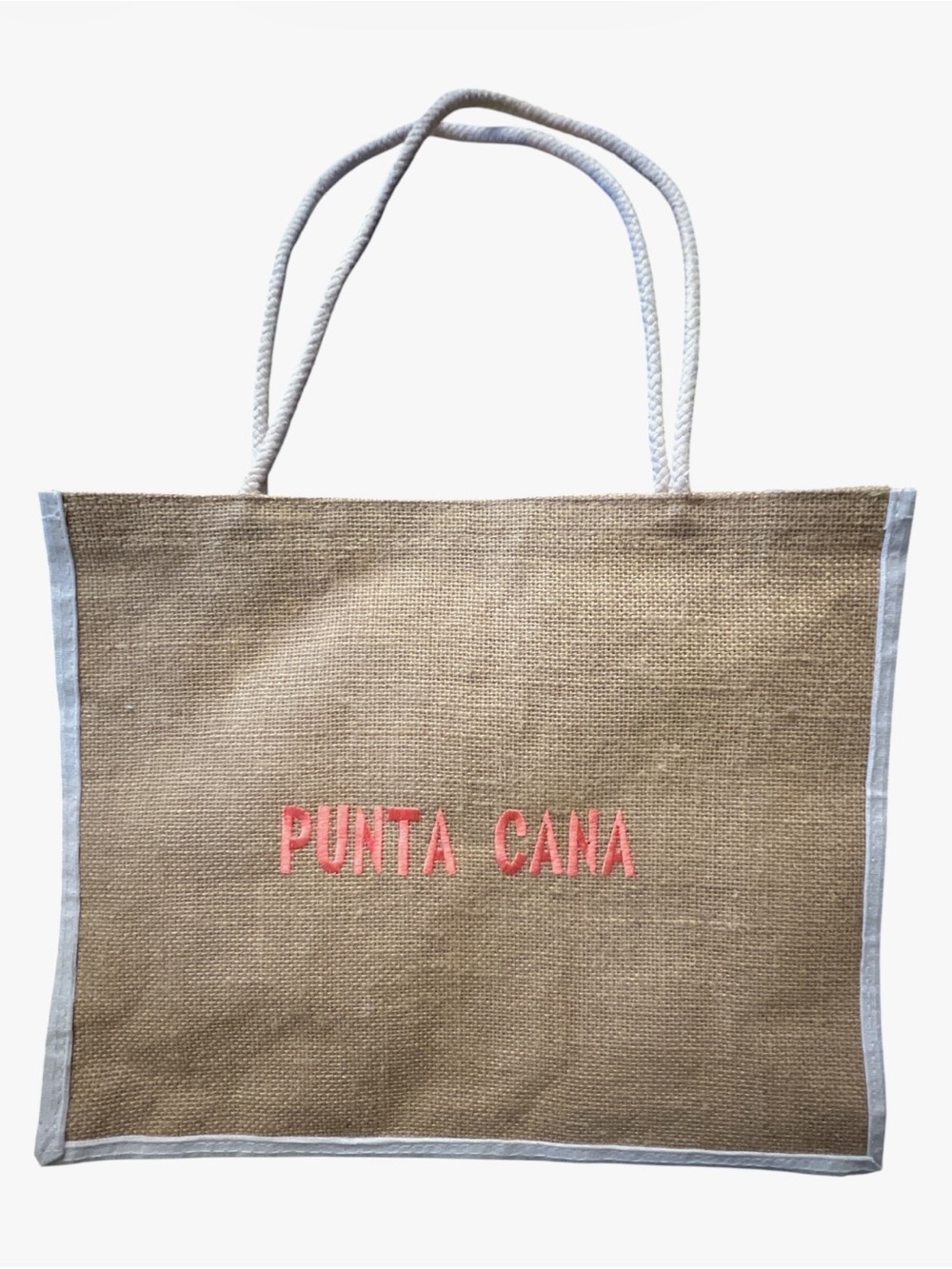 PUNTA CANA Embroidered Natural Tote Bag with Pink Accent